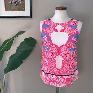 Lilly Pulitzer Iona Silk Sleeveless Top, Pink White Paisley, Button Back, Size S